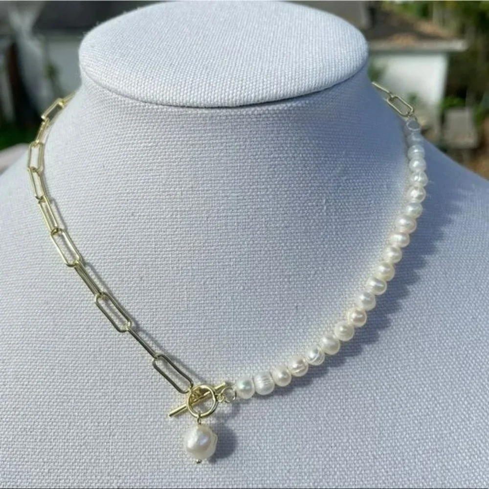 Gold Plated Cultured Baroque Freshwater Pearl‎ Pendant Necklace Toggle Clasp - Picture 4 of 9